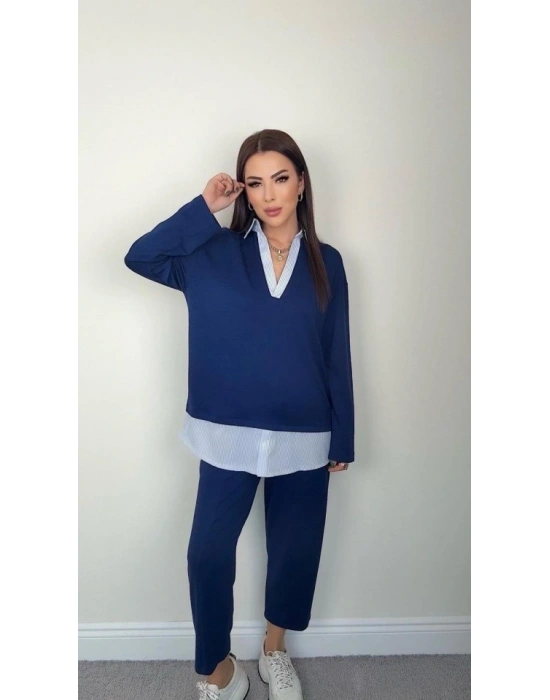 Polo Yaka Gömlekl Detay Salaş Balon Pantolunlu ıkılı Takım