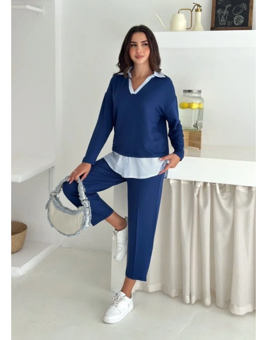 Polo Yaka Gömlekl Detay Salaş Balon Pantolunlu ıkılı Takım