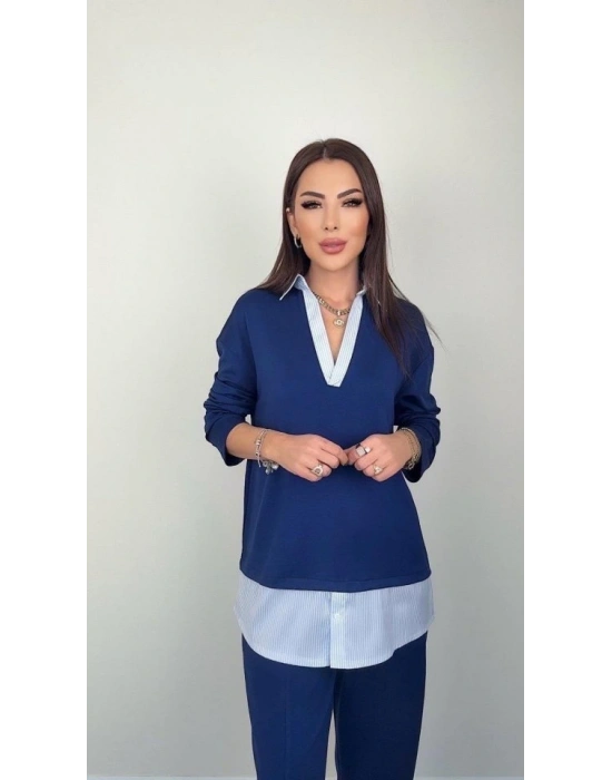 Polo Yaka Gömlekl Detay Salaş Balon Pantolunlu ıkılı Takım