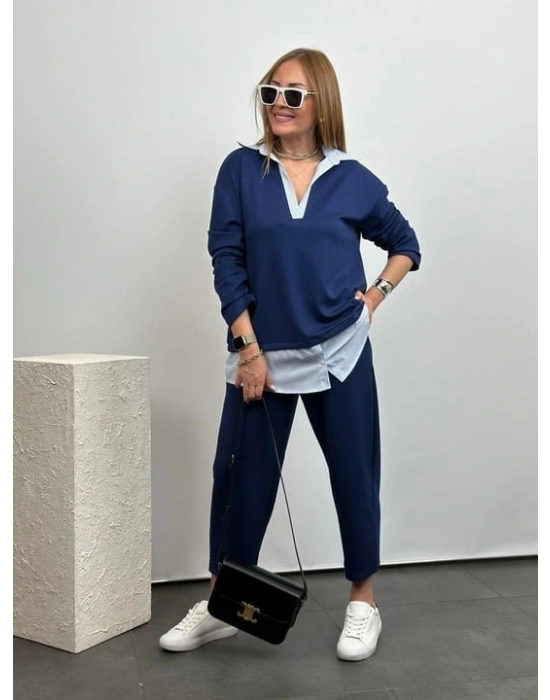 Polo Yaka Gömlekl Detay Salaş Balon Pantolunlu ıkılı Takım