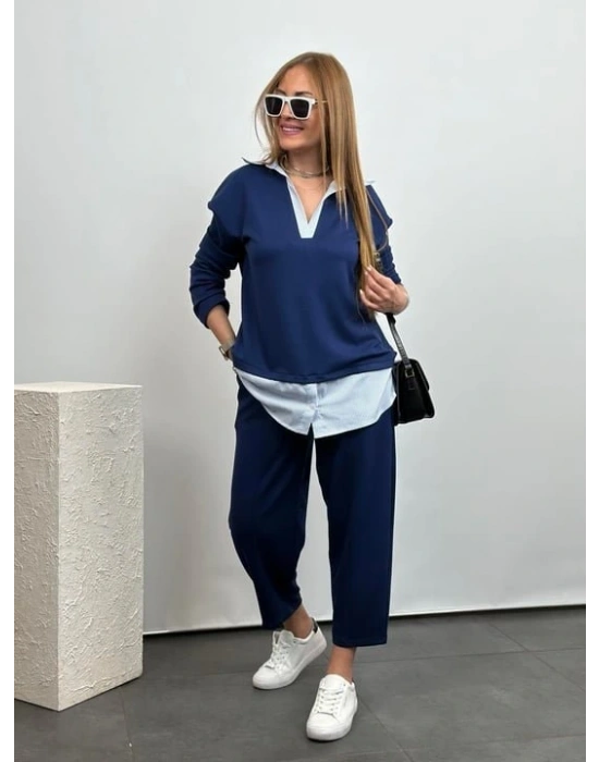 Polo Yaka Gömlekl Detay Salaş Balon Pantolunlu ıkılı Takım