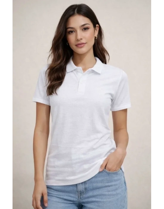 Polo Yaka Pike Kumaş Düğmeli Basic Tişört Thirt Günlük Rahat  Beyaz