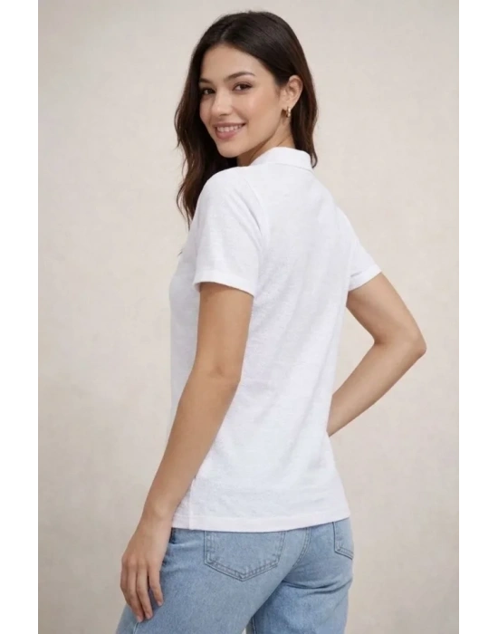 Polo Yaka Pike Kumaş Düğmeli Basic Tişört Thirt Günlük Rahat  Beyaz