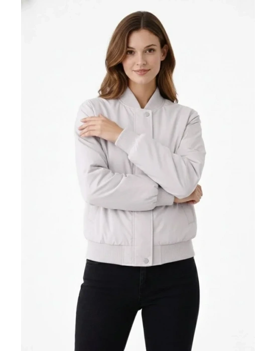 Premium Bomber Ceket Çıtçıt Kapamalı, Ribana anşetli, Astarlı, Regular Fit ont  Beyaz