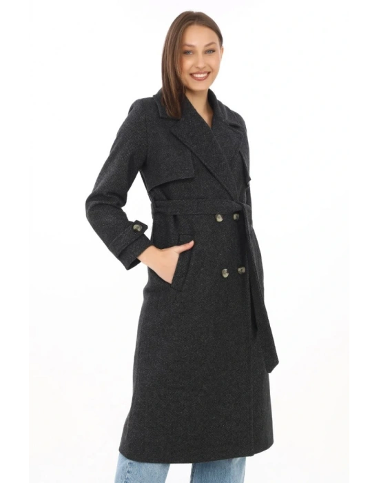 Premium Kaşe Kaban Uzun Boy, Balık ırtı Yünlü Kaşmir Dokuma, Kruvaze Kuşaklı Astarlı  iyah