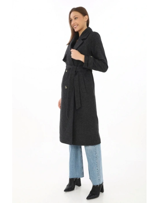 Premium Kaşe Kaban Uzun Boy, Balık ırtı Yünlü Kaşmir Dokuma, Kruvaze Kuşaklı Astarlı  iyah