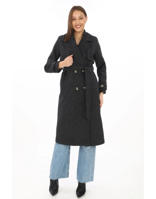 Premium Kaşe Kaban Uzun Boy, Balık ırtı Yünlü Kaşmir Dokuma, Kruvaze Kuşaklı Astarlı  iyah