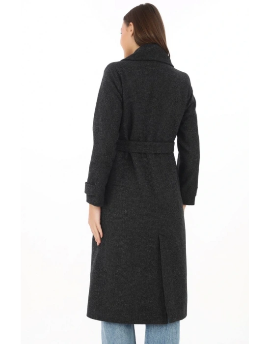 Premium Kaşe Kaban Uzun Boy, Balık ırtı Yünlü Kaşmir Dokuma, Kruvaze Kuşaklı Astarlı  iyah