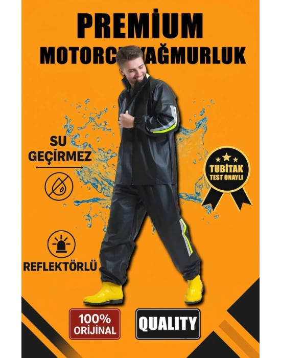 Premium otorcu Kurye Yağmurluk Takım u Geçirmez PVC Kumaş Reflektörlü TÜBİTAK Onaylı  iyah