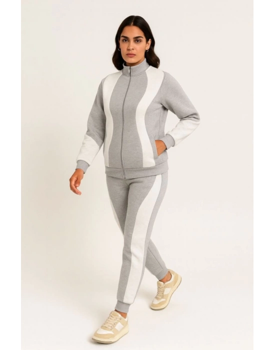 Premium Parçalı Eşofman Takım  Dik Yaka Fermuarlı weatshirt  Gri
