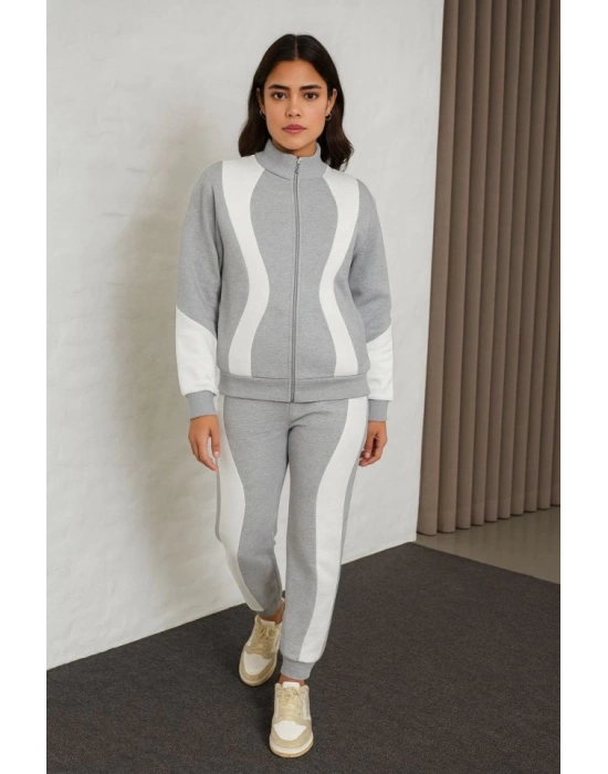 Premium Parçalı Eşofman Takım  Dik Yaka Fermuarlı weatshirt  Gri