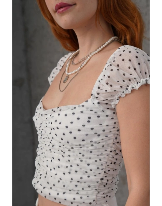 Puantiyeli Belden Oturtmalı Tül Beyaz Bluz