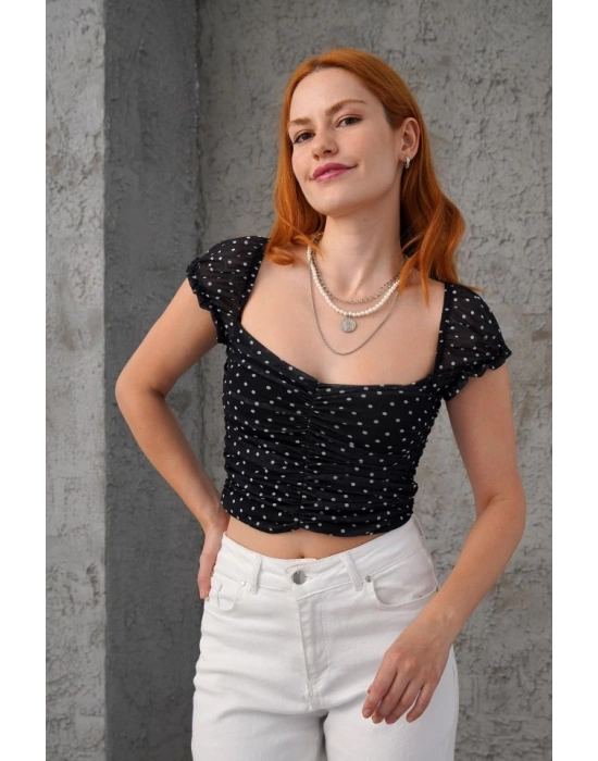 Puantiyeli Belden Oturtmalı Tül iyah Bluz