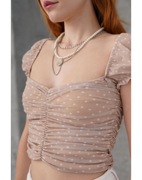 Puantiyeli Belden Oturtmalı Tül Krem Bluz