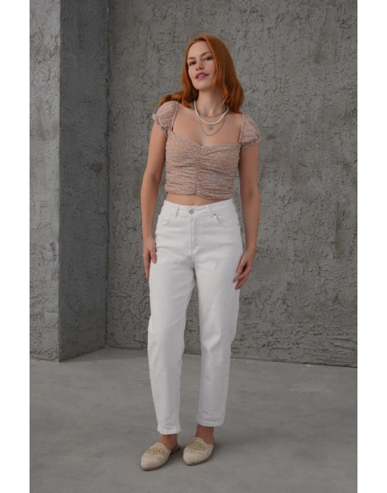 Puantiyeli Belden Oturtmalı Tül Krem Bluz