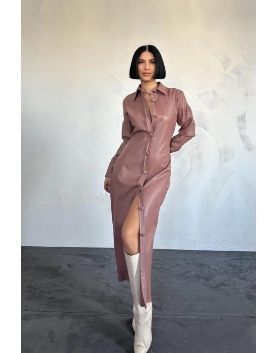 Pudra Boydan Düğmeli Deri Elbise