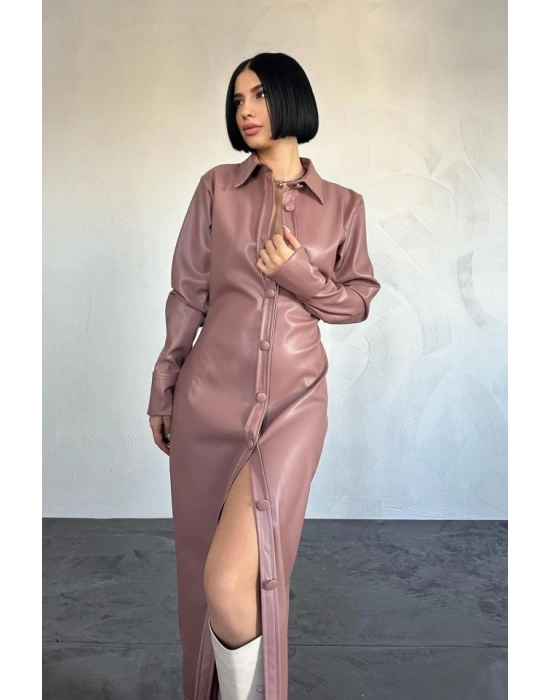 Pudra Boydan Düğmeli Deri Elbise