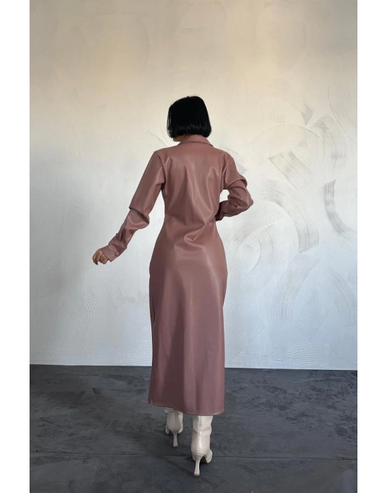 Pudra Boydan Düğmeli Deri Elbise