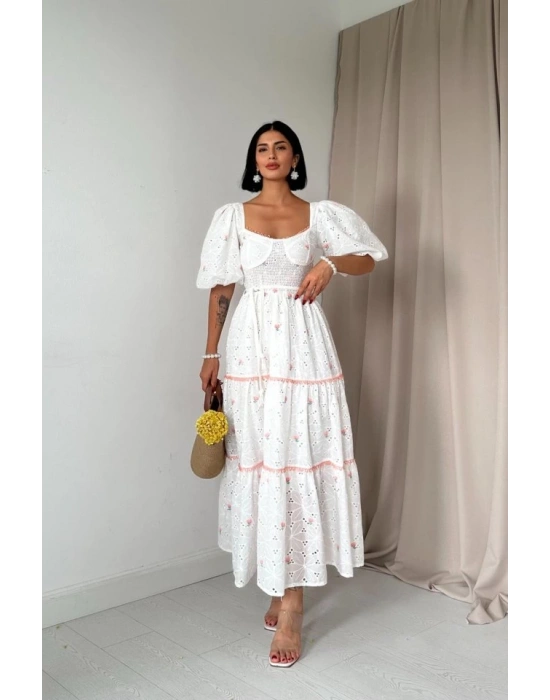 Pudra Dantel Detaylı Brode Elbise