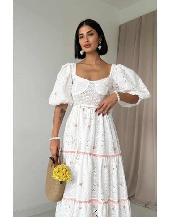 Pudra Dantel Detaylı Brode Elbise