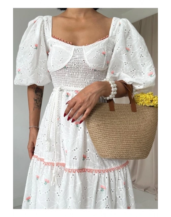 Pudra Dantel Detaylı Brode Elbise