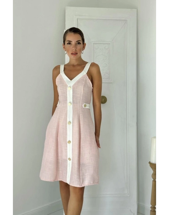 Pudra Ekru üs Cepli Askılı Elbise