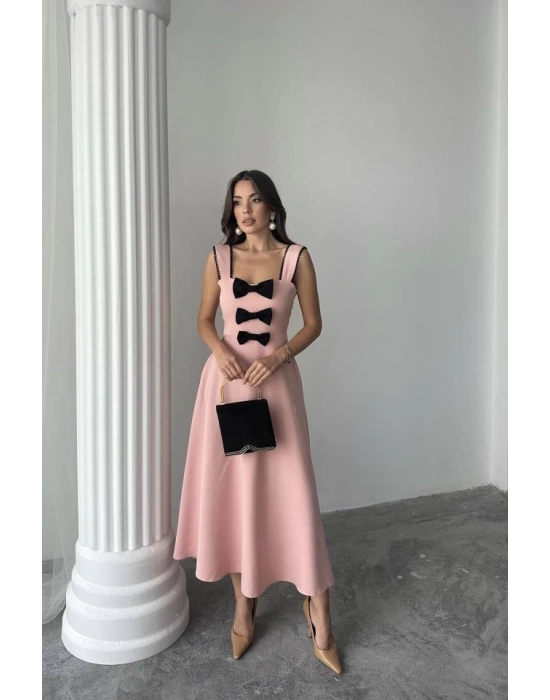 Pudra Fiyonk Garnili Dantelli Elbise