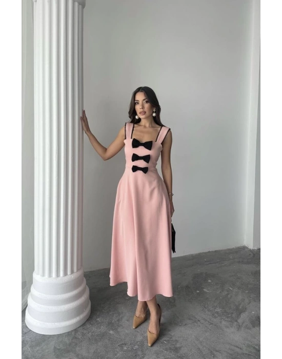 Pudra Fiyonk Garnili Dantelli Elbise