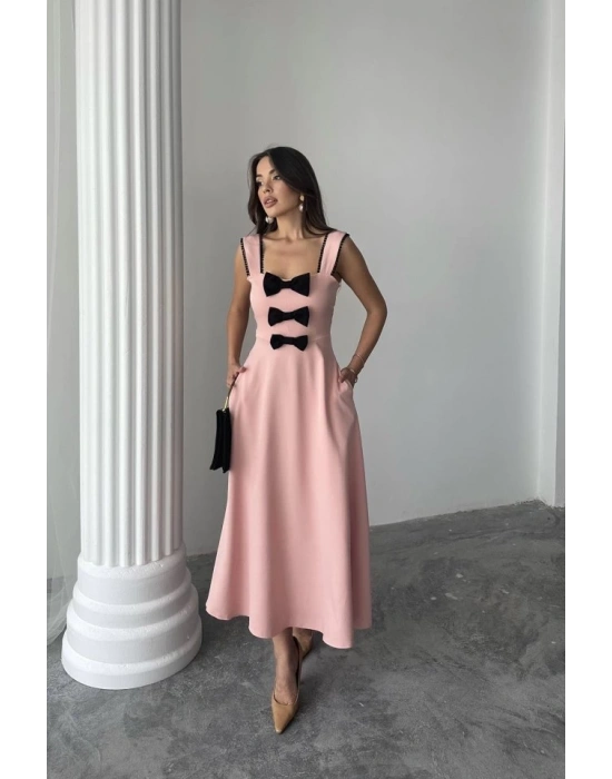 Pudra Fiyonk Garnili Dantelli Elbise