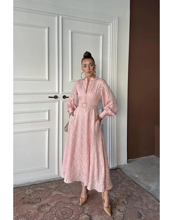 Pudra Kemer Detaylı Uzun Elbise