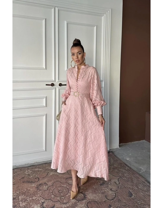 Pudra Kemer Detaylı Uzun Elbise