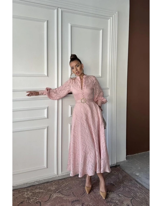 Pudra Kemer Detaylı Uzun Elbise