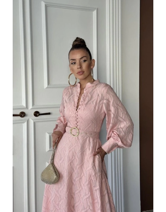 Pudra Kemer Detaylı Uzun Elbise