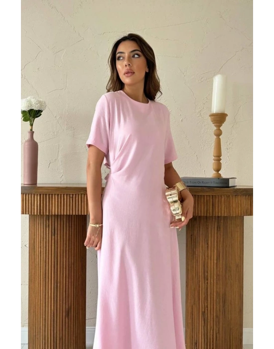 Pudra Pileli Bisiklet Yaka Elbise