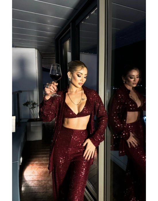 PUL PAYET 3 LÜ TAKIM  CEKETBÜTİYERPANTOLON  Bordo