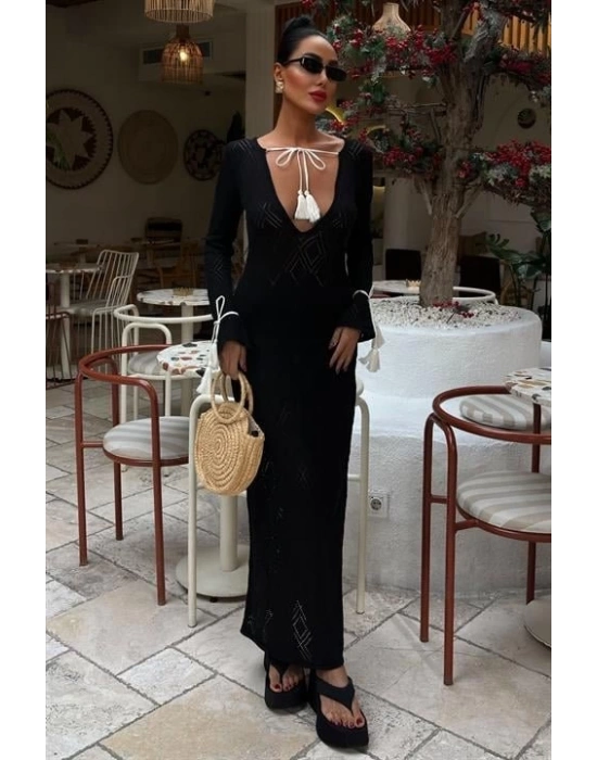 Püskül Bağcık Detaylı V Yaka Ajurlu Elbise 2850