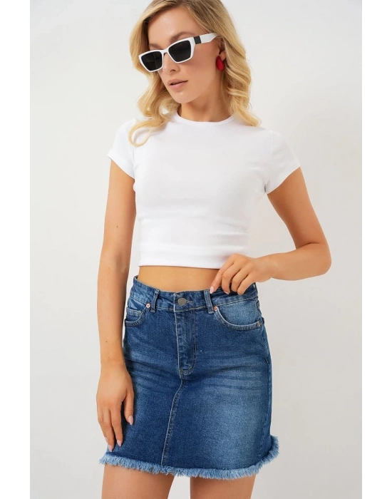 Püsküllü Mini Kot Etek 8051  Lacivert