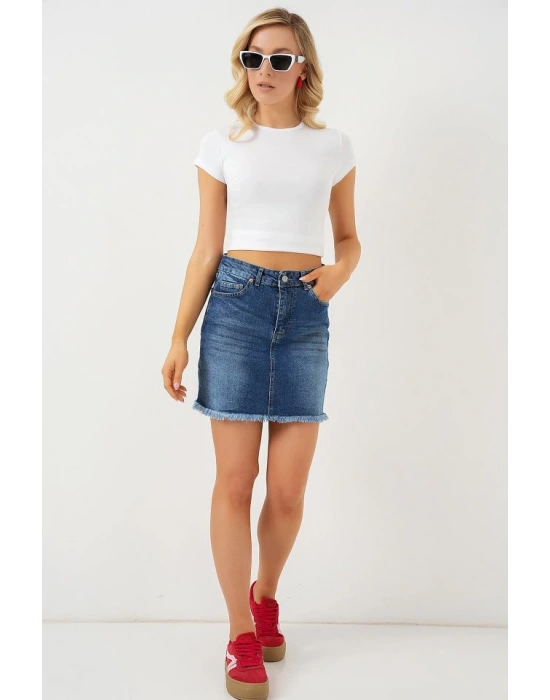 Püsküllü Mini Kot Etek 8051  Lacivert