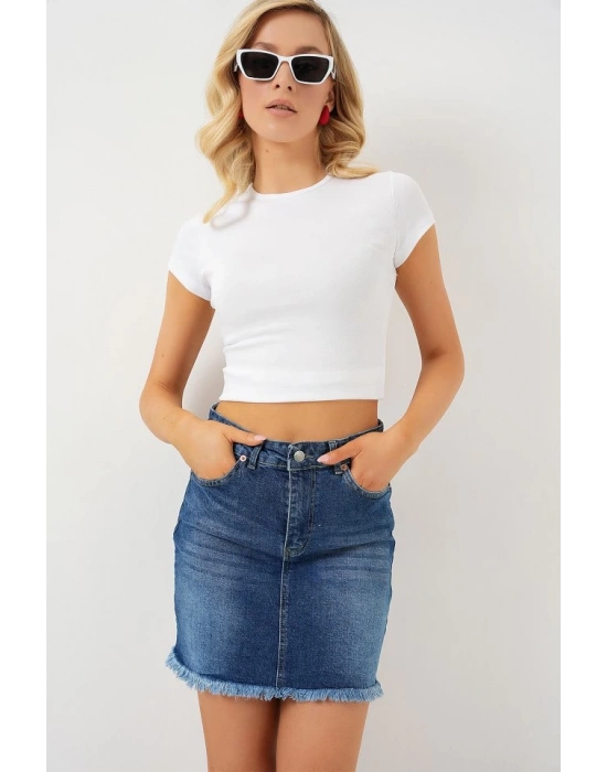 Püsküllü Mini Kot Etek 8051  Lacivert