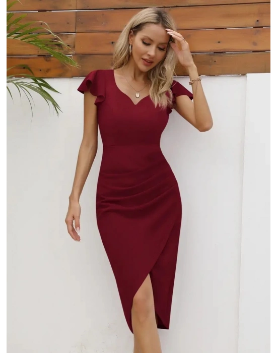 QKadın Kısa Kollu Kalp Yaka Yanlardan Büzgü Detay Midi Janjan Krep Elbise