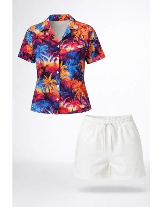 Renkli Tropikal Palmiye Desenli Kısa Kol Gömlek Şort Takım Yazlık Rahat Kalıp  Desenli