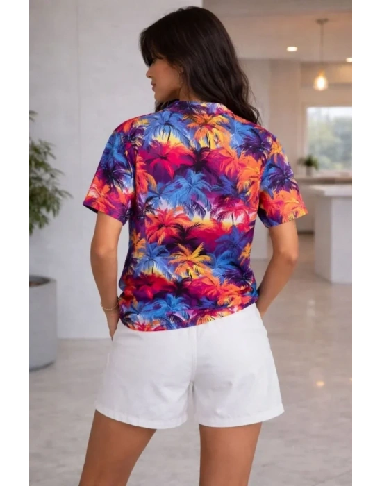 Renkli Tropikal Palmiye Desenli Kısa Kol Gömlek Şort Takım Yazlık Rahat Kalıp  Desenli