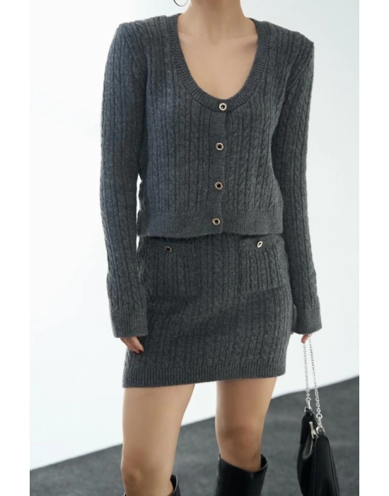 Saç Örgülü Etekli Takım  Antrasit