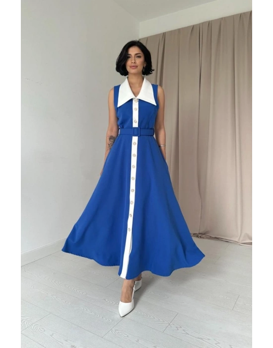 Saks Geniş Yakalı Halter Kollu Elbise