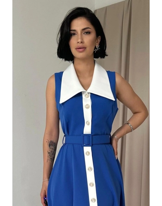 Saks Geniş Yakalı Halter Kollu Elbise