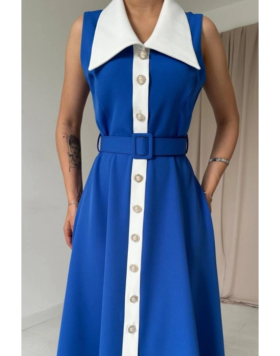 Saks Geniş Yakalı Halter Kollu Elbise