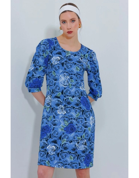 Saks Gül Desenli Midi Elbise 2477