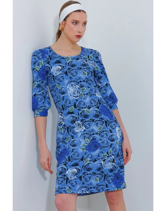 Saks Gül Desenli Midi Elbise 2477