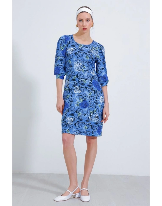 Saks Gül Desenli Midi Elbise 2477