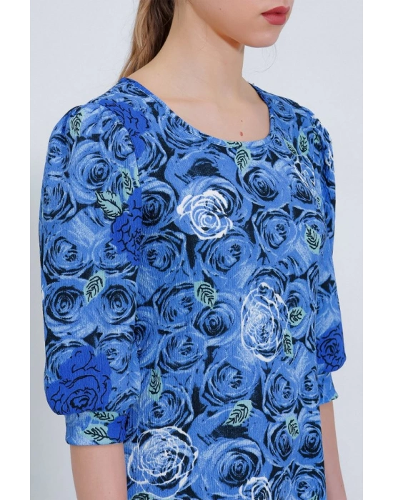 Saks Gül Desenli Midi Elbise 2477